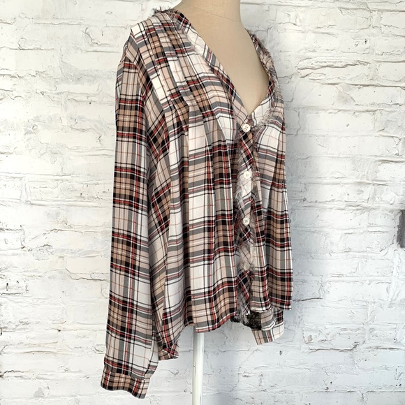 Hazel plaid blouse with lace back brown red check sheer long sleeve - Picture 6 of 9